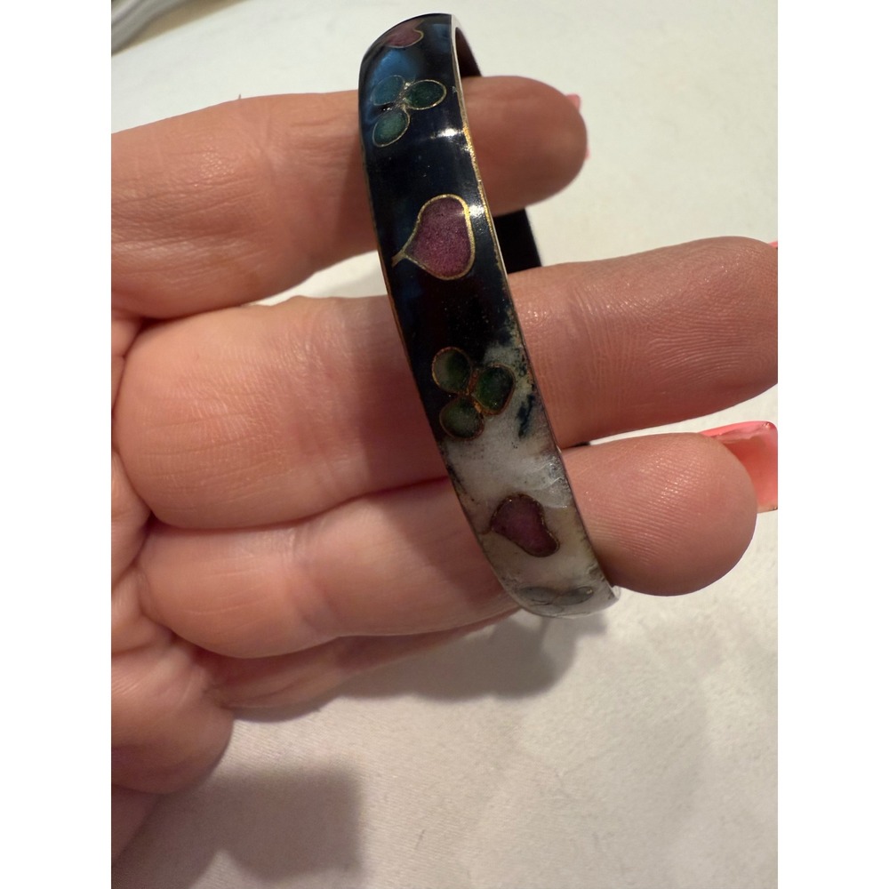 Enamel Bangle Bracelet Hearts Clovers Flowers Black White Gold Tone Cuff vintage